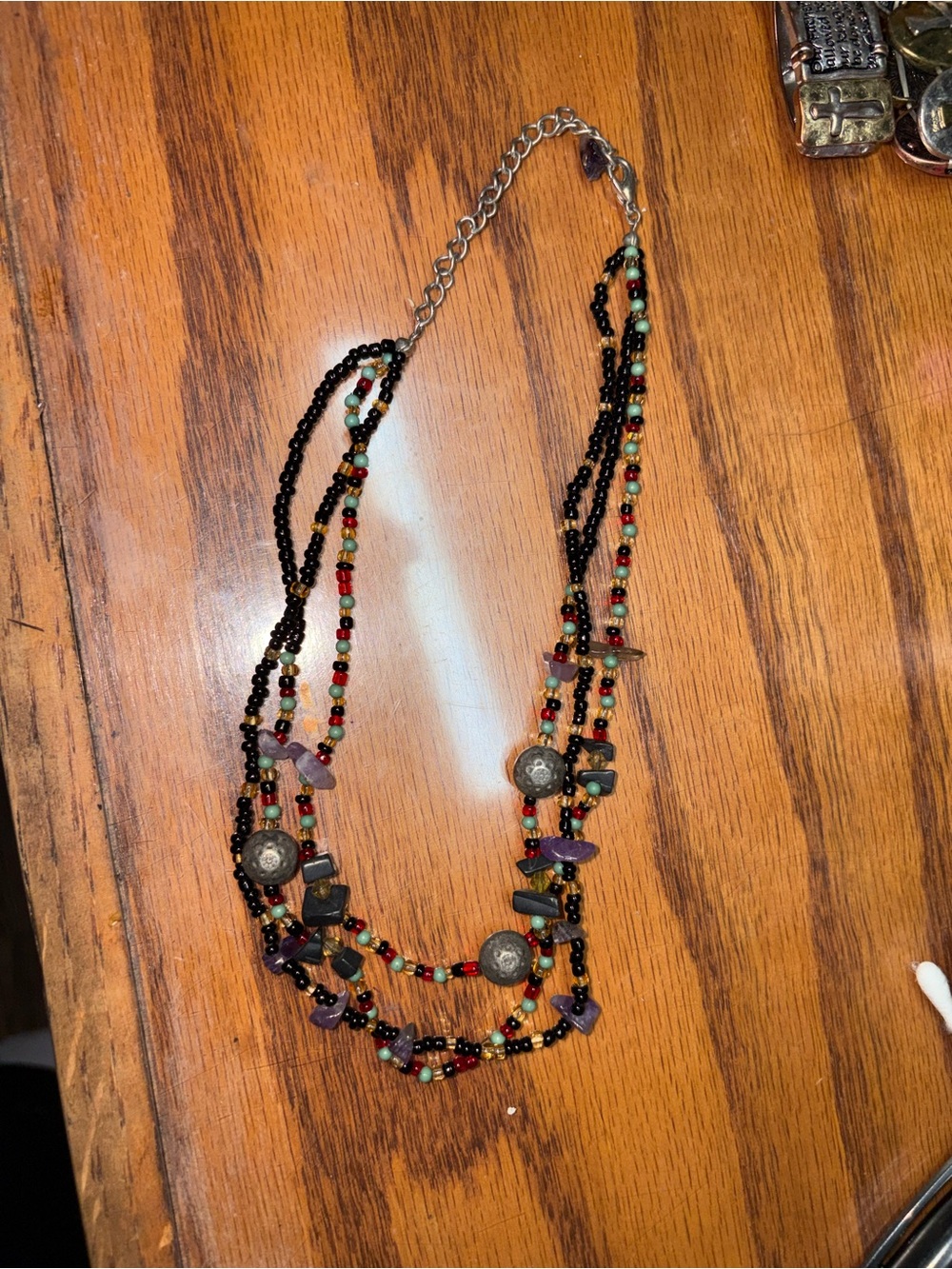 Multistrand Beaded Black Necklace with Colorful Accent Beads 8 1/2 inches